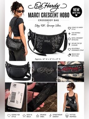 Ed Hardy Marci Crescent Hobo Crossbody Bag Edgy Y2K and grunge vibes NWT